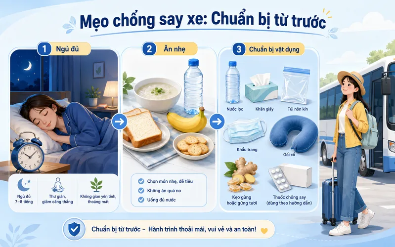 Chuẩn bị giấc ngủ, bữa ăn và vật dụng cần thiết từ trước là mẹo chống say xe đơn giản nhưng hữu ích.