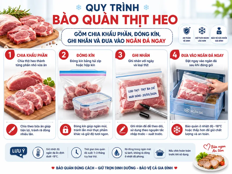 Quy trình bảo quản thịt heo gồm chia khẩu phần, đóng kín, ghi nhãn và đưa vào ngăn đá ngay