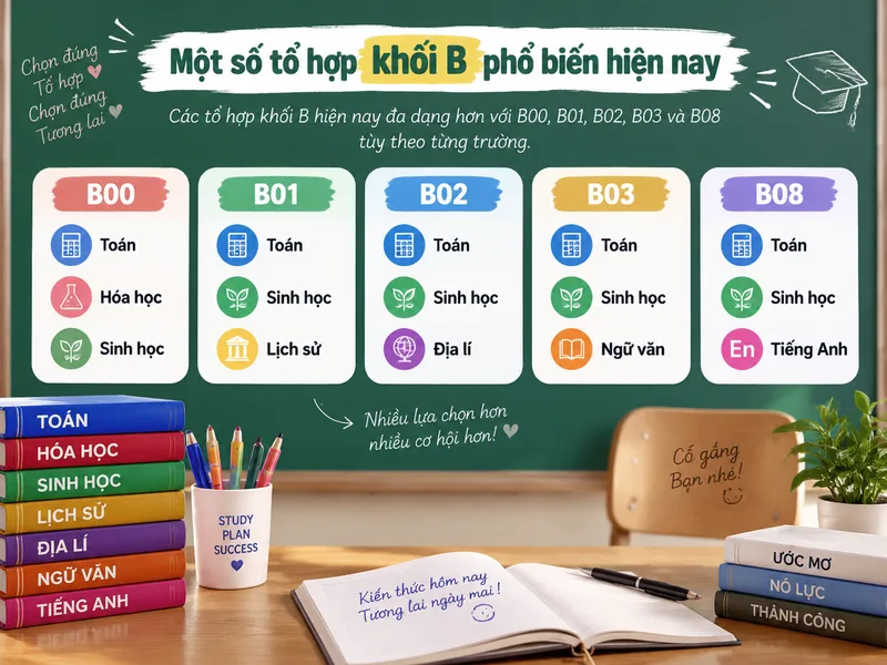Các tổ hợp khối B hiện nay đa dạng hơn với B00, B01, B02, B03 và B08 tùy theo từng trường.